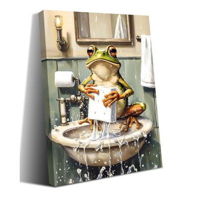 Funny Bathroom Frog Wall Art,Funky Frogs In Bath Wall Decor,Towel Frog Poster,Washing Hands Wall Decor For Toilet Washroom Decoration Framed