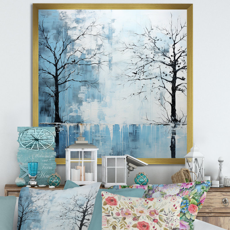 Minimalisme, charme d'arbre bleu sur toile, H 24 po x l 24 po x P 1 po, Cadre doré simple