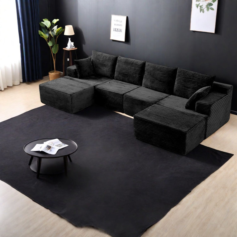 Canapés modulaires à compression surdimensionnés, velours côtelé noir de 131 pouces, maison moderne, Noir