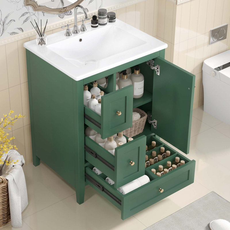 Meuble-lavabo 24 po avec rangement, tablette réglable, panneau de fibres à densité moyenne et bois d'hévéa, cloisons amovibles