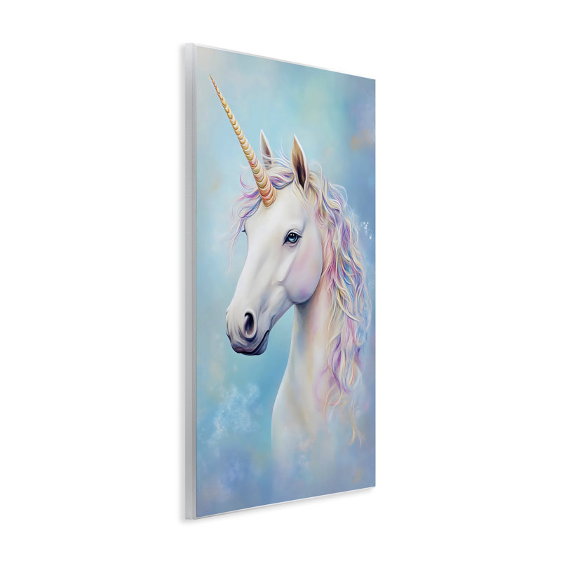 Licorne blanche sur plaque murale bleue, design by Creative Studio, H 15 po x l 10 po