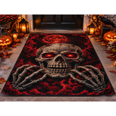 Tapis d'extérieur 152 x 213 cm, motif Halloween tête de mort, squelette et lune rouge, tapis bouclé imperméable en PVC, séchage rapide et résistant, idéal pour porche, terrasse, balcon ou entrée.