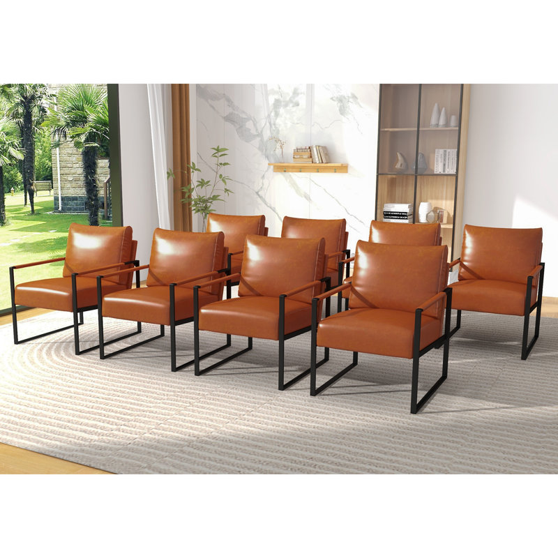 24.6" Wide Minimalist Soft Cushioned Back Upholstered Sled Base Arm Accent Chair (Set of 8), Brown Faux Leather
