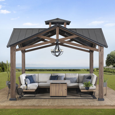 Bella Hardtop Gazebo 12.5 x 12.5 ft.  Outdoor Cedar Frame Wood Gazebo with Steel 2-Tier Hardtop Roof and Ceiling Hook