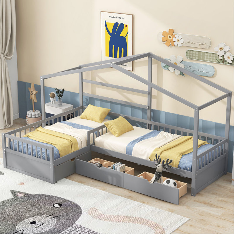 Lit plateforme simple avec trois tiroirs de rangement, Gris