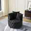 Fauteuil pivotant moderne en velours noir, avec accoudoirs à boutons et roulettes pour un confort optimal. Siège noir luxueux pour le salon.