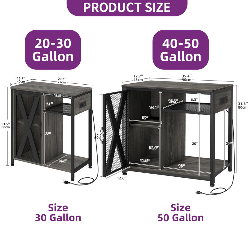 Deshayla Rectangle Aquarium Stand with Power Outlets & LED Light, 50 Gallon, Black