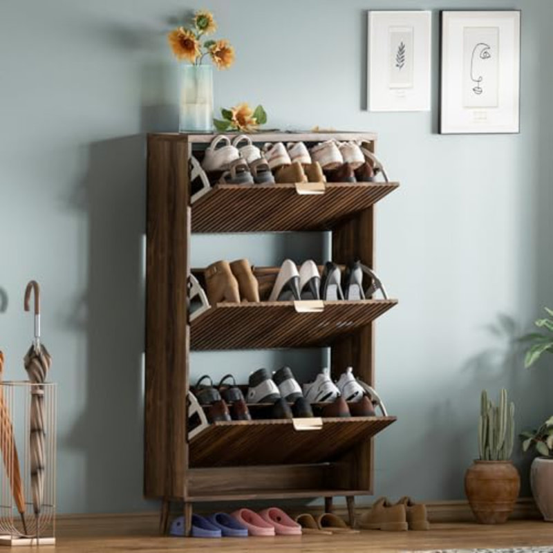 Rangement pour chaussures, rangement autoportant moderne avec 3 tiroirs rabattables, étagère à chaussures étroite pour l'entrée, noyer