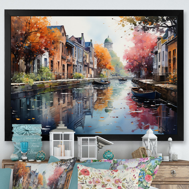 Pointillisme du canal rose vibrant - impression, H 30 po x l 40 po x P 1,5 po, Cadre photo noir