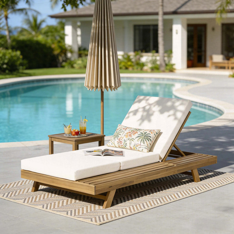 Chaise longue, fauteuil inclinable d'extérieur en bois d'acacia avec coussin triple résistant à l'eau, Teck clair
