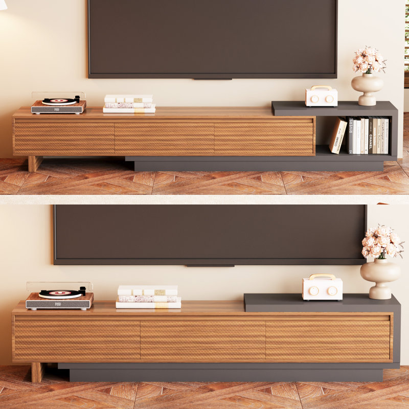 Gafton 78.7" Extendable TV Stand With 3-Drawer, Walnut/Gray