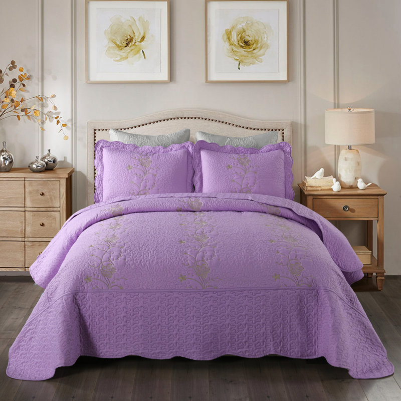 Polyester No Floral Coverlet, Queen Bedspread + 2 Shams, Lavender
