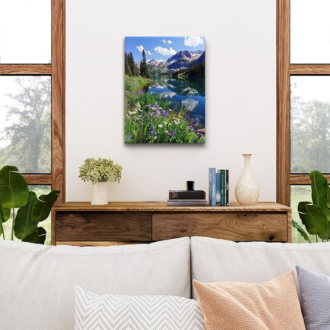 Colorado Mountain Wall Art Rocky Mountain National Park Poster Purple Flowers Landscape Canvas Picture Nature Floral Green Tree Forest Lake Painting A