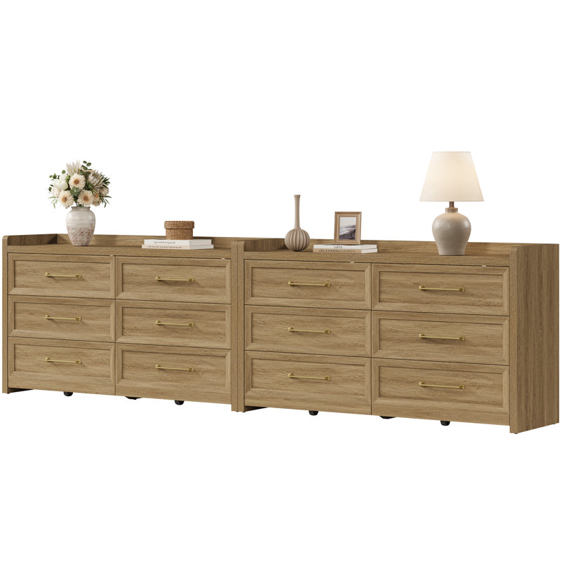 56.4"W Modern 6-Drawer Dresser, Natural Oak