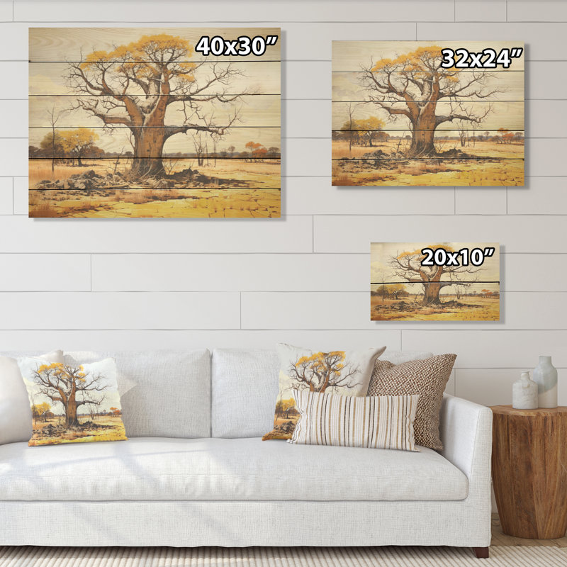 Desert Baobabs Resistance - Tree Baobab Wood Art On Natural Pine Wood, 24" H x 32" W