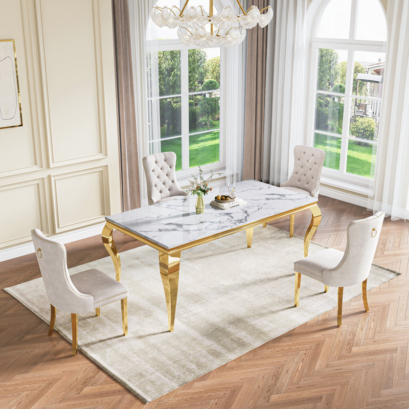 Luxurious Dining Table, 70” Dining Room Table, Rectangular Faux Marble Kitchen Table For Dining Room Family Gatherin, Gold