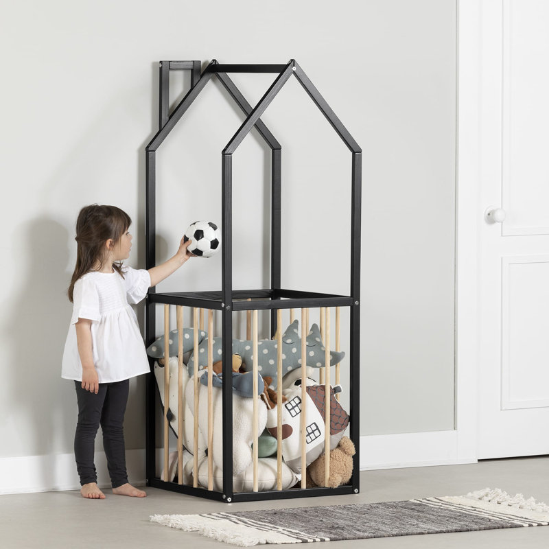 Scandinavian Black and Natural Wood House-Shaped Toy Storage Unit
