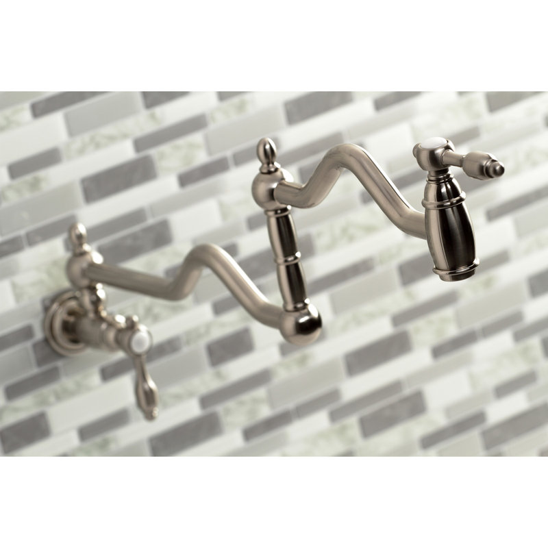 Kingston Brass Tudor Two-Handle 1-Hole Wall Mount Pot Filler Faucet, Brushed Nickel