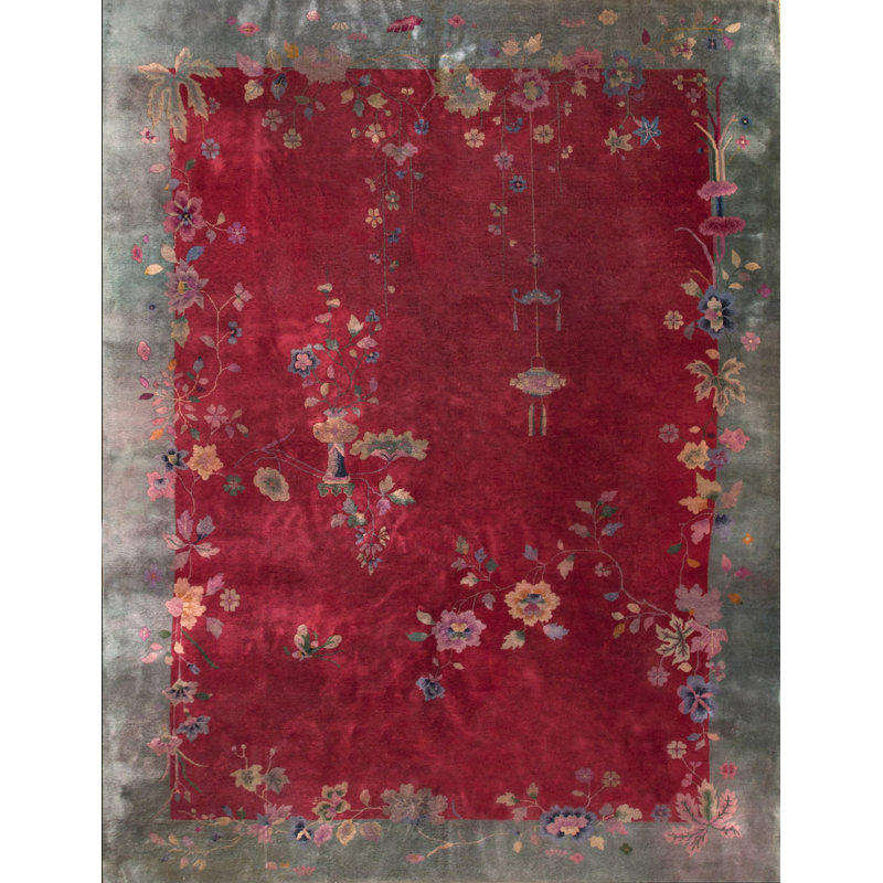 1920s Antique Room Size Chinese - Art Deco Rectangle Wool Knotted Coral Rug