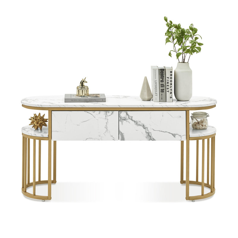 Malyk 51'' Sofa Table,Faux Marble Top Console Table with Gold Metal Frame and Storage Drawers