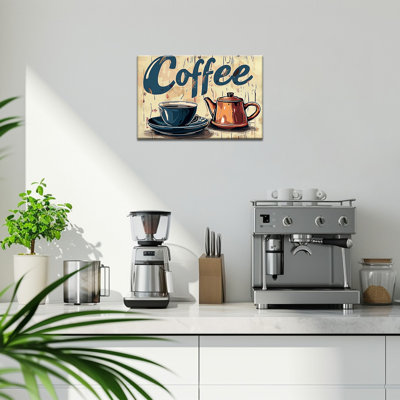 Vintage Coffee Canvas Wall Art Retro Kitchen Tableware Canvas Prints Blue Cup Orange Teapot Painting Poster Picture Prints Rustic Wall Artwork for Kitchen Dining Room Wall Decor Ready to Hang, 20×30 Inches
