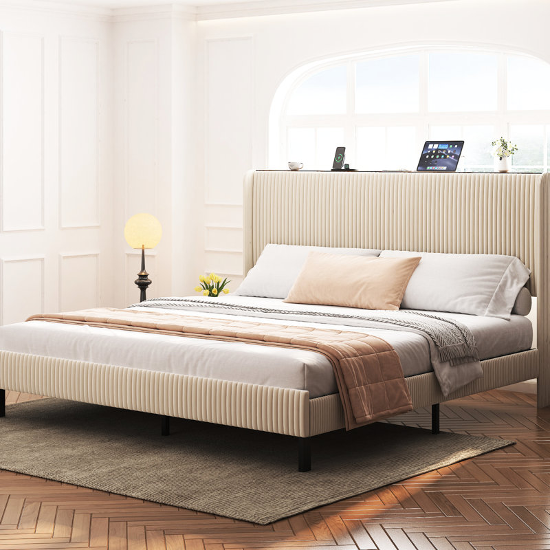 Beige King Size Platform Bed With Charging Station Noise Seamless And Assembly Storage Headboard 2 Ports No Box Spring Needed Frame Quick Painless Metal Construction Required