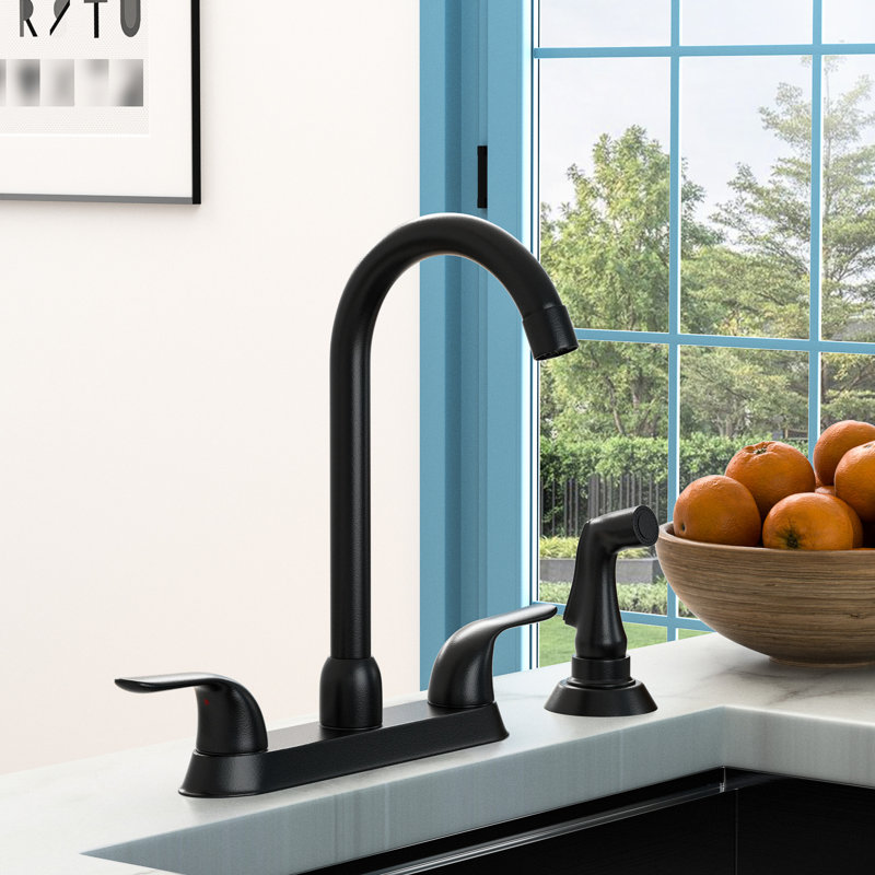 Kitchen Sink Faucet In Matte Black, 2 Handles And Pull-Out , 4 Mount, 304 Stainless Steel, Tarnish Resistance, 7.3" Spout Reach, 1.75 Gpm Max Flow Rate With Side Installation, 360 High Arc Swivel