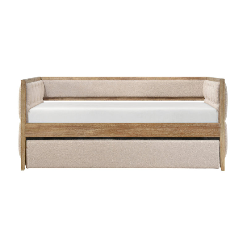 Lit de jour moderne 1pc avec lit gigogne escamotable beige Boucle touffeté chambre à coucher Mobilier de style transitionnel finition naturelle
