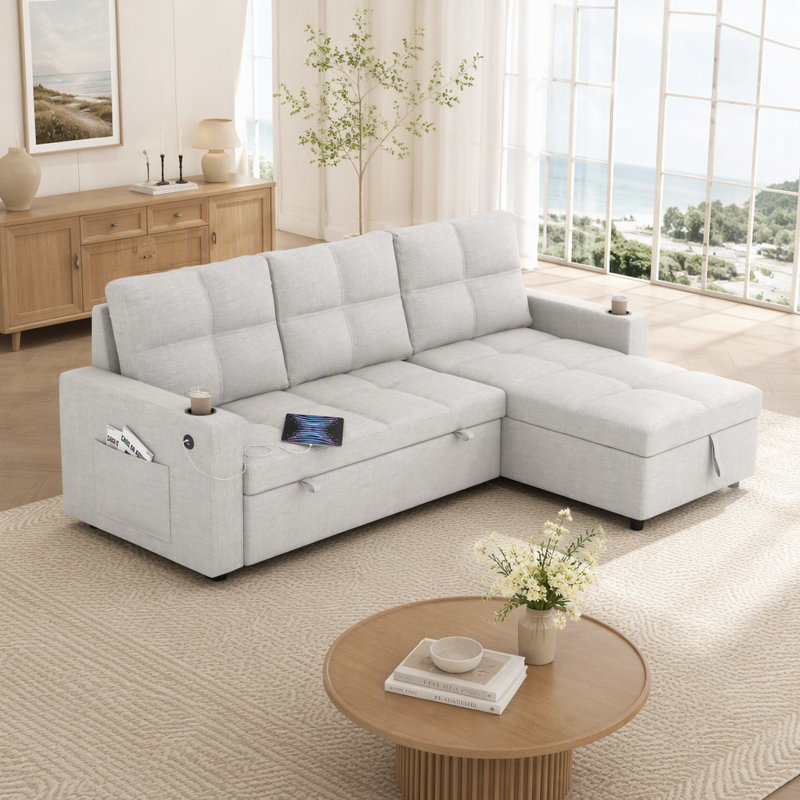 Canapé-lit convertible en tissu, canapé-lit modulaire escamotable avec charge USB et porte-gobelets, canapé-lit en forme de L avec rangement pour le salon (beige)