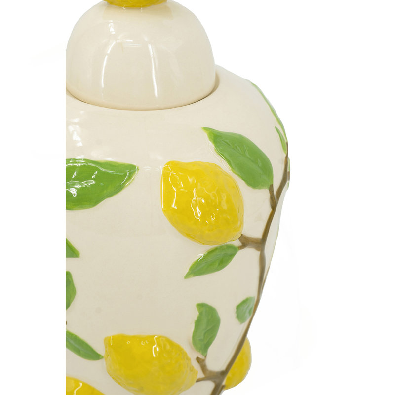 8.7X8.7X15" White Ceramic Lidded Jar With Playful Lemon Design