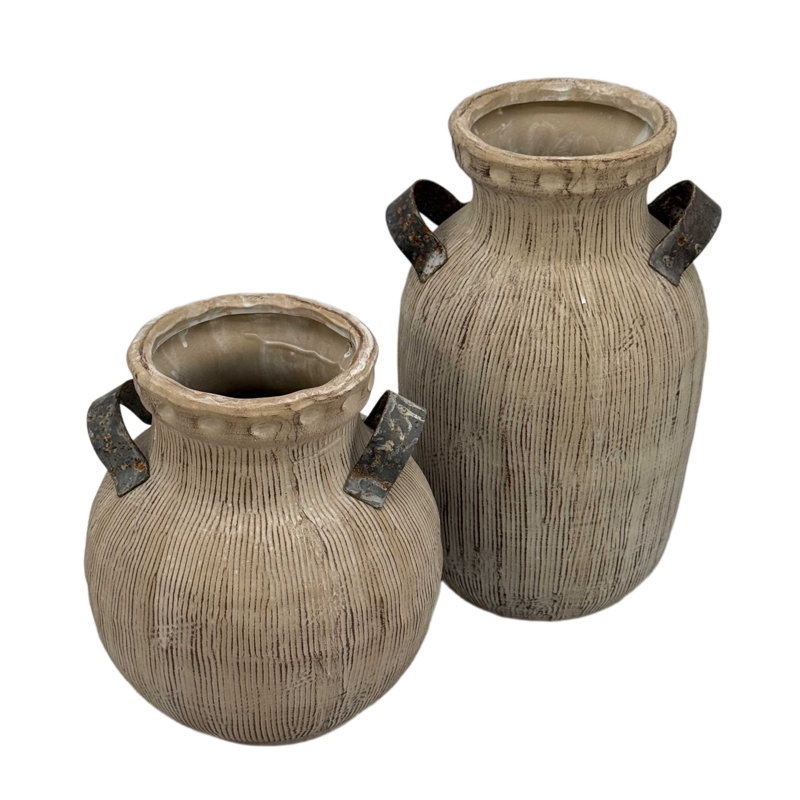 Rustic Ceramic Vase with Metal Handles