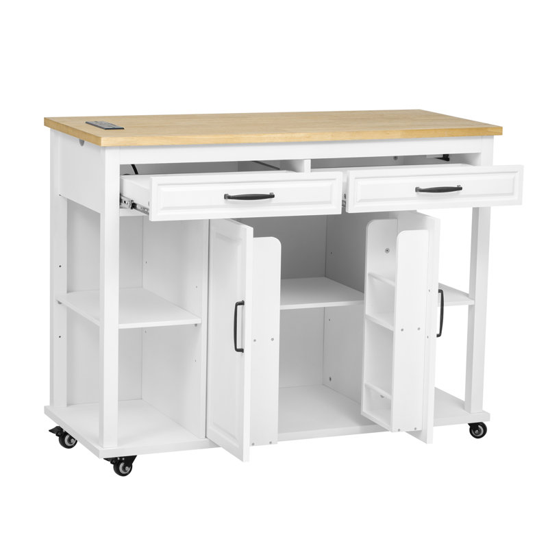 Îlot de cuisine 47 po avec table de salle à manger extensible K&K, table de cuisine en placage de bois d'hévéa avec support de rangement interne, prise de courant, îlot de cuisine avec rangement 2 tiroirs et armoire