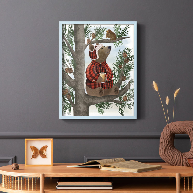«Lumberjack Bear Pine Tree Coffee Break», reproduction encadrée - bois massif, H 10 po x l 8 po, Bleu