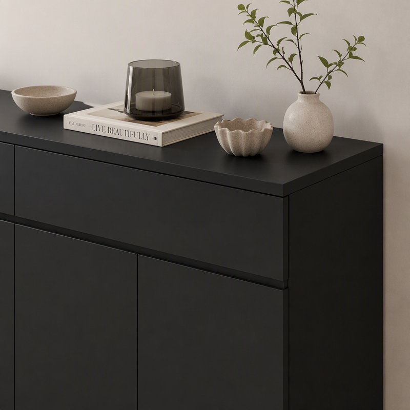 Buffet avec rangement, grande armoire de cuisine avec 2 tiroirs et 4 portes, Noir
