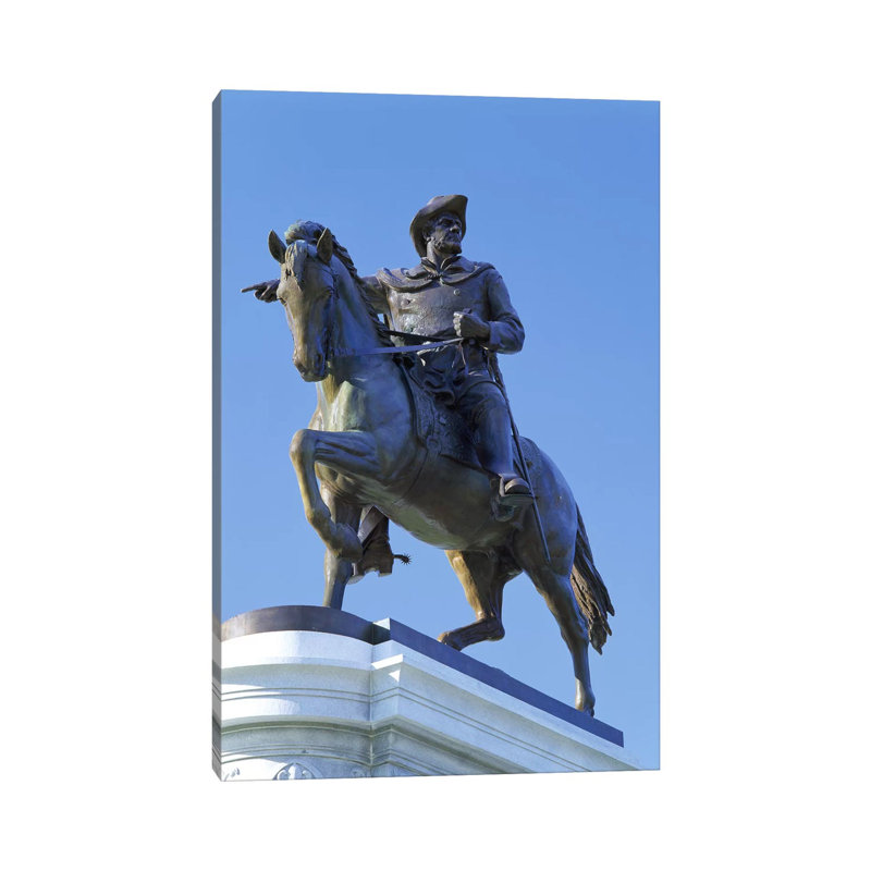 Statue Of Sam Houston Pointing Towards San Jacinto Battlefield Against Blue Sky, Hermann Park, Houston, Texas, USA - Wrapped Canvas Print