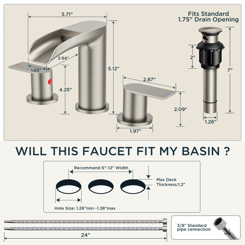 Bathroom Sink Faucet, Waterfall Bathroom Faucet Widespread 8 Inch 3 Hole With Pop-up Drain And Water Supply, Stainless Steel