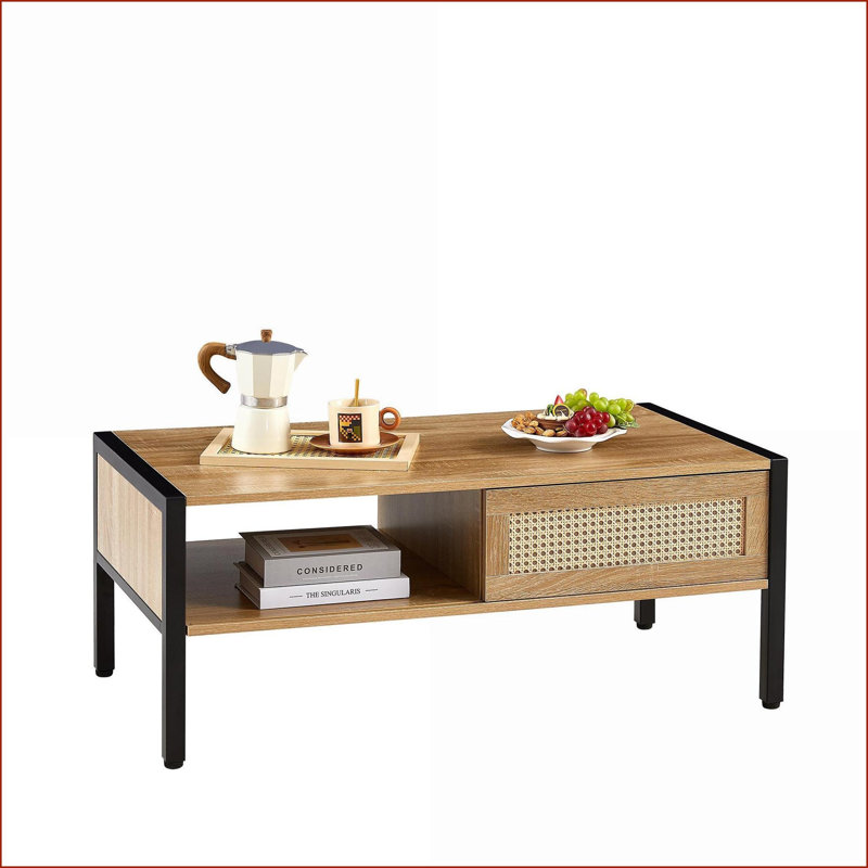 Table basse en rotin naturel avec porte coulissante et amp; Pieds en métal - Rangement peu encombrant pour le salon