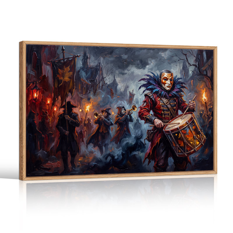 Tableau mural sur toile représentant un batteur masqué et des feuilles d'automne, idéal pour l'Halloween, H 32 po x l 48 po