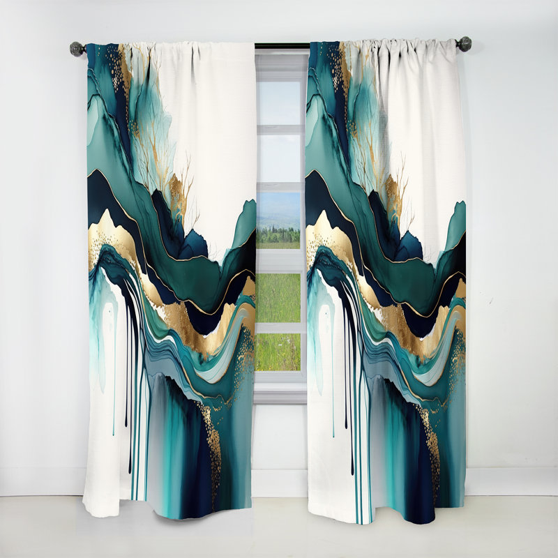 Teal And Gold Abstract Expression IV - Abstract Blackout Curtain - 1 Panel, 52" W x 120" L