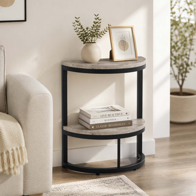 Two-Tier Half Moon Grey Washed Wood Side Table, Industrial Black Metal Frame Semicircle Sofa End Table with Adjustable Leveling Feet