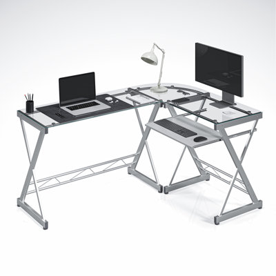 Bureau d'ordinateur en L en verre trempé avec panneau de clavier coulissant, transparent