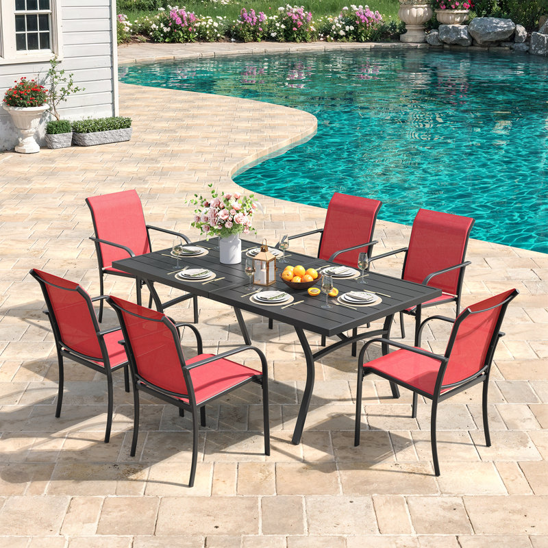 6-Person Patio Dining Set with 63" Rectangular Dining Table and 6 PVC-coated polyester Stackable Chairs, Black/Red