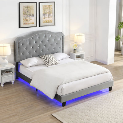Bouton de lit rembourré capitonné avec un design incurvé - Support de lattes en bois massif - Assemblage facile - Velours - Avec lit plateforme à lumière DEL - Grand