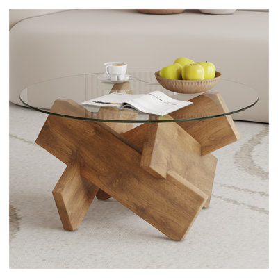 33.4-Inch Circular Glass Coffee Table with Tempered Glass Top - Modern Wood-Colored MDF Legs Tea Table for Living Room & Farmhouse