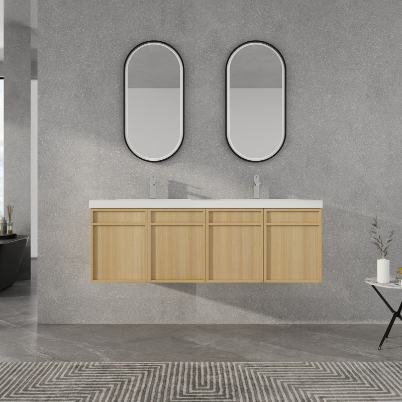 Meuble-lavabo mural 60 po avec lavabo double en résine, 4 portes à fermeture douce, chêne original