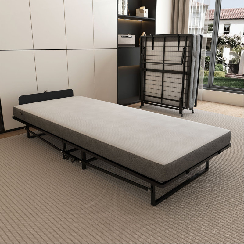 Structure de lit pliante en métal avec matelas en mousse avec poches, rangement facile et mobile avec 4 roulettes