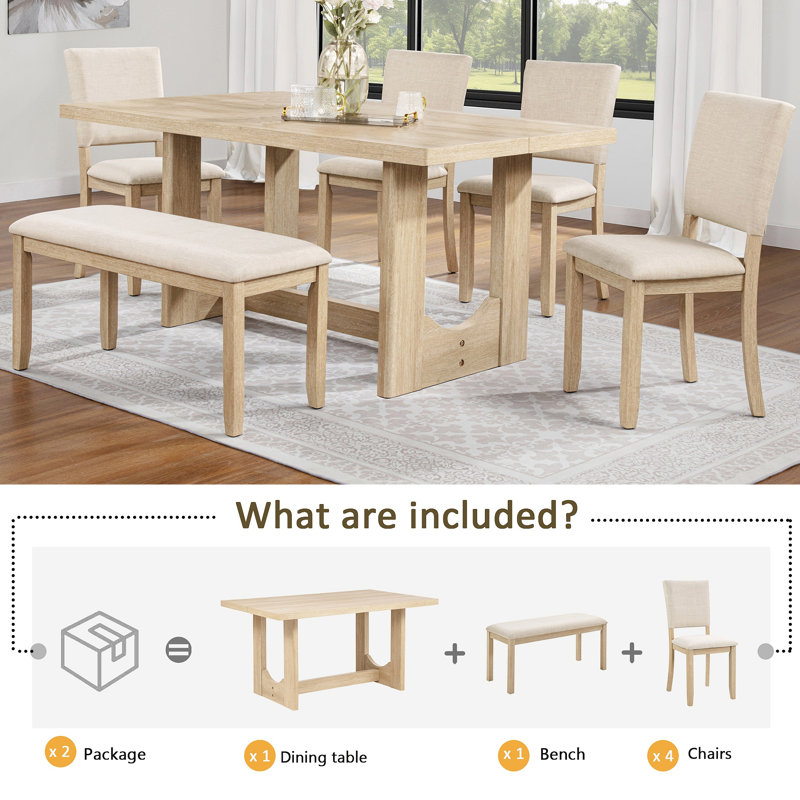 6 Piece Dining Table Set with Bench, Wooden Rectangular Kitchen Table Set with Bench and 4 Upholstered Chairs, U-shaped base