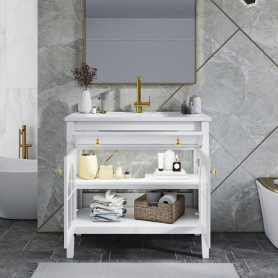 35.6" Bathroom Vanity Sink With Glass, Automatic Motion - Activated Lighting, Flip Top Drawer, And Waterproof Material 36 Inch Mid Century Restroom Antique Activated Ample Storage, Integral Basin For