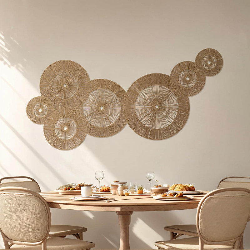 Ensemble de décoration murale Boho 7 pièces, paniers muraux ronds tissés à la main (7 à 17 po), grand art mural pour salon, bureau à domicile