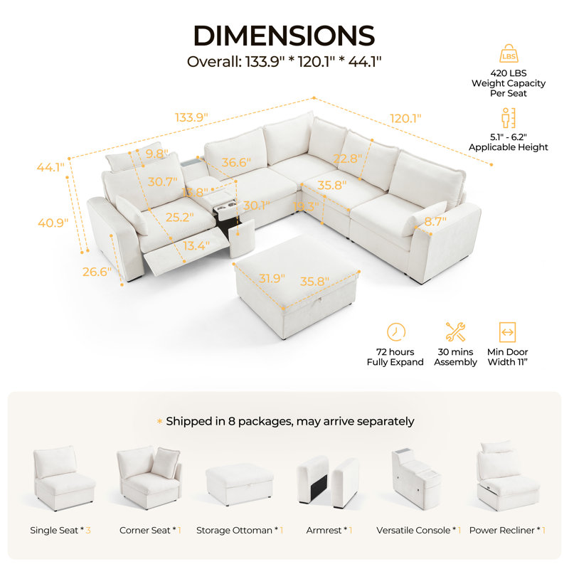 Canapé modulaire surdimensionné pour 6 personnes avec rangement, canapé-lit modulaire en chenille convertible profond, housses pour animaux de compagnie lavables avec repose-pieds